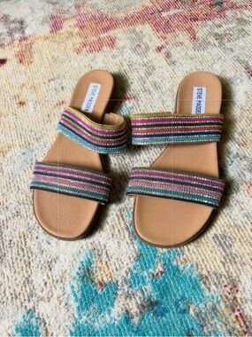 Steve Madden Tan Slide Sandals with Multicolor Beaded Straps